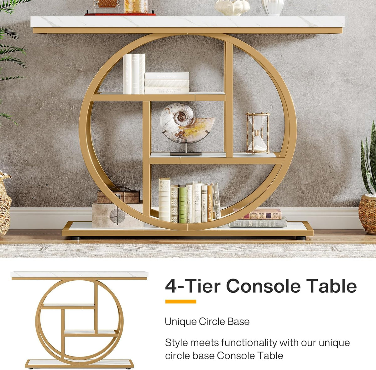 Tribesigns Console Table 105cm with 4 Levels, Narrow Industrial Sofa Table with Round Metal Frame, Wooden Entrance Table with Storage Racks for Living Room (White Gold)