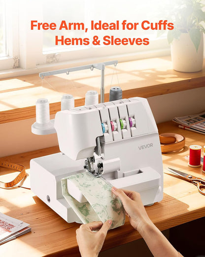 VEVOR Serger Overlock naaimachine, 1250 steken per minuut, 2-3-4 draadvermogen, 0,7-2 instelbare differentiële voeding, met vrije arm en ledlicht, naaimachine voor verschillende stoffen, wit