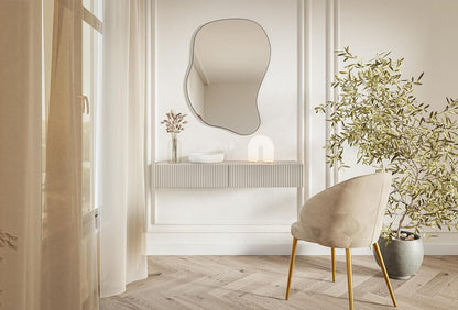 Selsey Zwevende Kaptafel Veldio 110 cm grijs taupe met frezen lamellenfront, Push-to-Open lade, moderne wand make-up tafel, minimalistische vanity desk zonder spiegel, stylish en functioneel