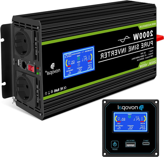 Spanningsomvormer 24V naar 230V – Omvormer – Converter – Inverter – Stroomomzetter – Pure Sinusgolf – 2000W Vermogen – LCD Display met USB-uitgang - QUORE