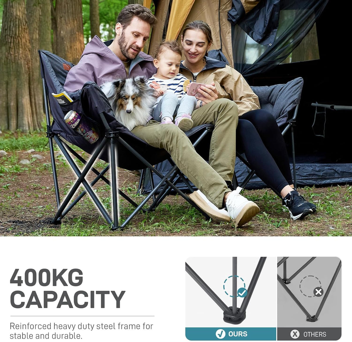 EVER ADVANCED Campingstoel, opvouwbaar, 145 cm breed, voor 2 personen, 400 kg belastbaar, campingbank, dik gevoerde klapstoel, 2-zits, hoge rugleuning, extra breed, voor outdoor, tuin, balkon, indoor