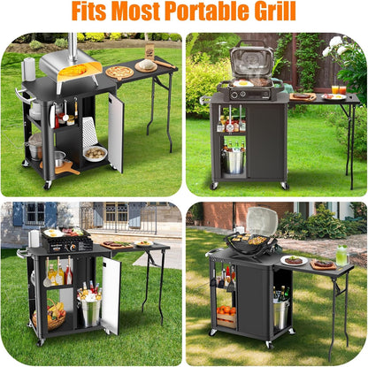 GFTIME Grillwagen, grilltafel met inklapbare bijzettafel, outdoorkeuken met haken, opbergrek en kast, serveerwagen met wielen, buitenkeuken, 143 x 37 x 89 cm