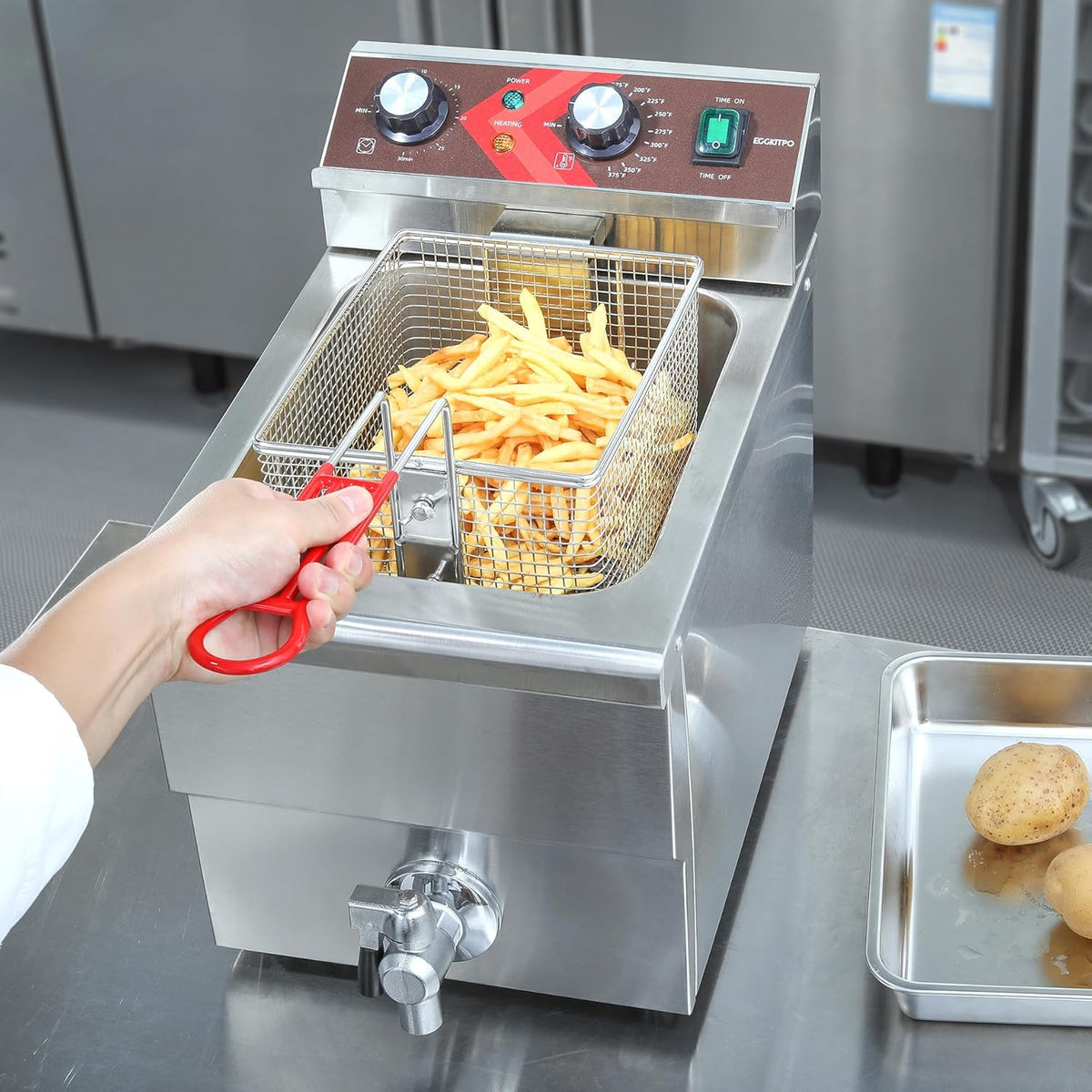 EGGKITPO Elektrische friteuse, groot, 12 liter, met olie-afvoer en timer, diepe friteuse met mand en deksel, werkblad, friteuse van roestvrij staal, commerciële friteuse voor restaurant en