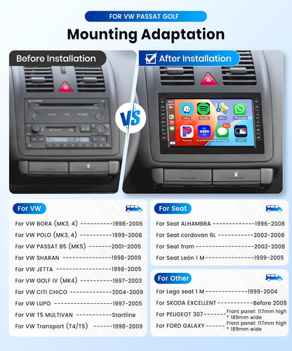 2G + 64G: podofo 7 inch 2 Din autoradio voor VW T5 Golf 4 Bora Polo MK5 Passat B5 Jetta Peugeot 307 Draadloze Android Auto Carplay met Bluetooth wifi/Navi FM/RDS/Airplay + AHD/CANBUS