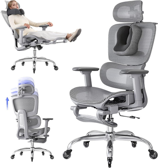 Ergonomic Office Chair with Footrest & Neck Cushion - 5 Modes Adjustable Backrest, 2D Lumbar Support, 3D Armrests, 145° Tilt Function, Mesh Seat for Office/Home Work, Gray - QUORE