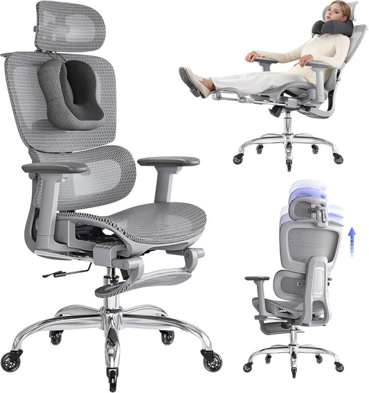 Ergonomische Bureaustoel met Voetensteun & Nekkussen - 5 Standen Verstelbare Rugleuning, 2D Lendensteun, 3D Armleuningen, 145° Kantelfunctie, Mesh Zitting voor Kantoor/Thuiswerk, Grijs