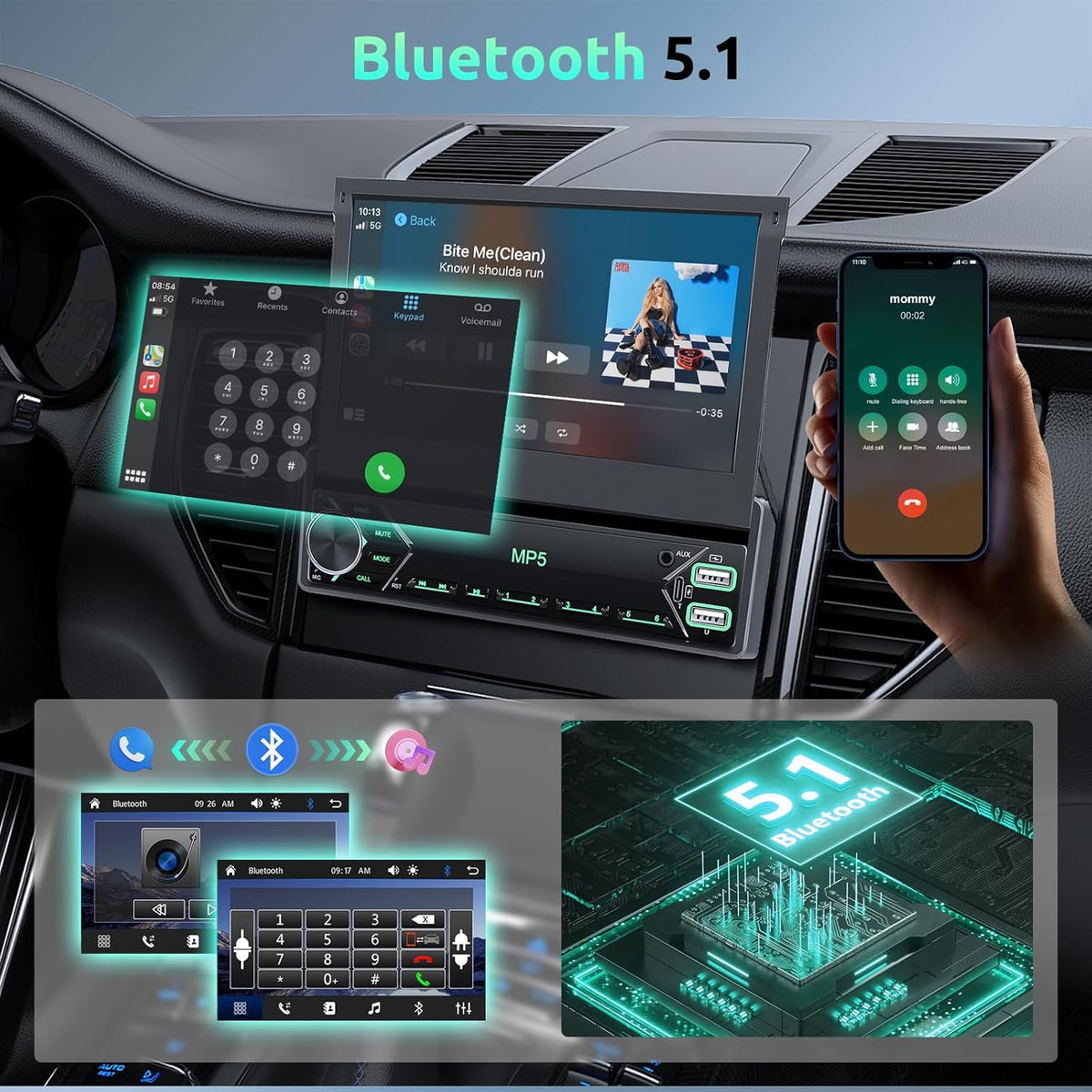 Autoradio 1 Din met draadloze Carplay Android Auto, 7 inch IPS HD handmatige flip touchscreen autoradio, ondersteuning Bluetooth Link spiegeling FM 2USB/Type-C stuurwielbediening