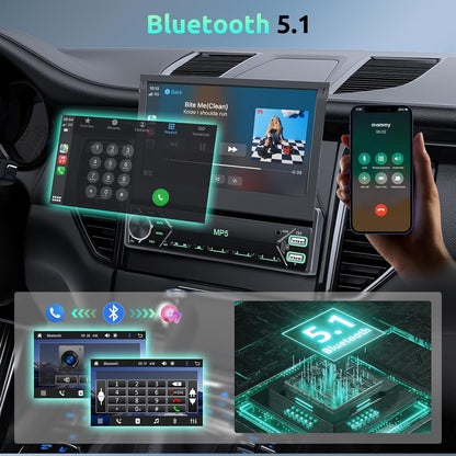 Autoradio 1 Din met draadloze Carplay Android Auto, 7 inch IPS HD handmatige flip touchscreen autoradio, ondersteuning Bluetooth Link spiegeling FM 2USB/Type-C stuurwielbediening