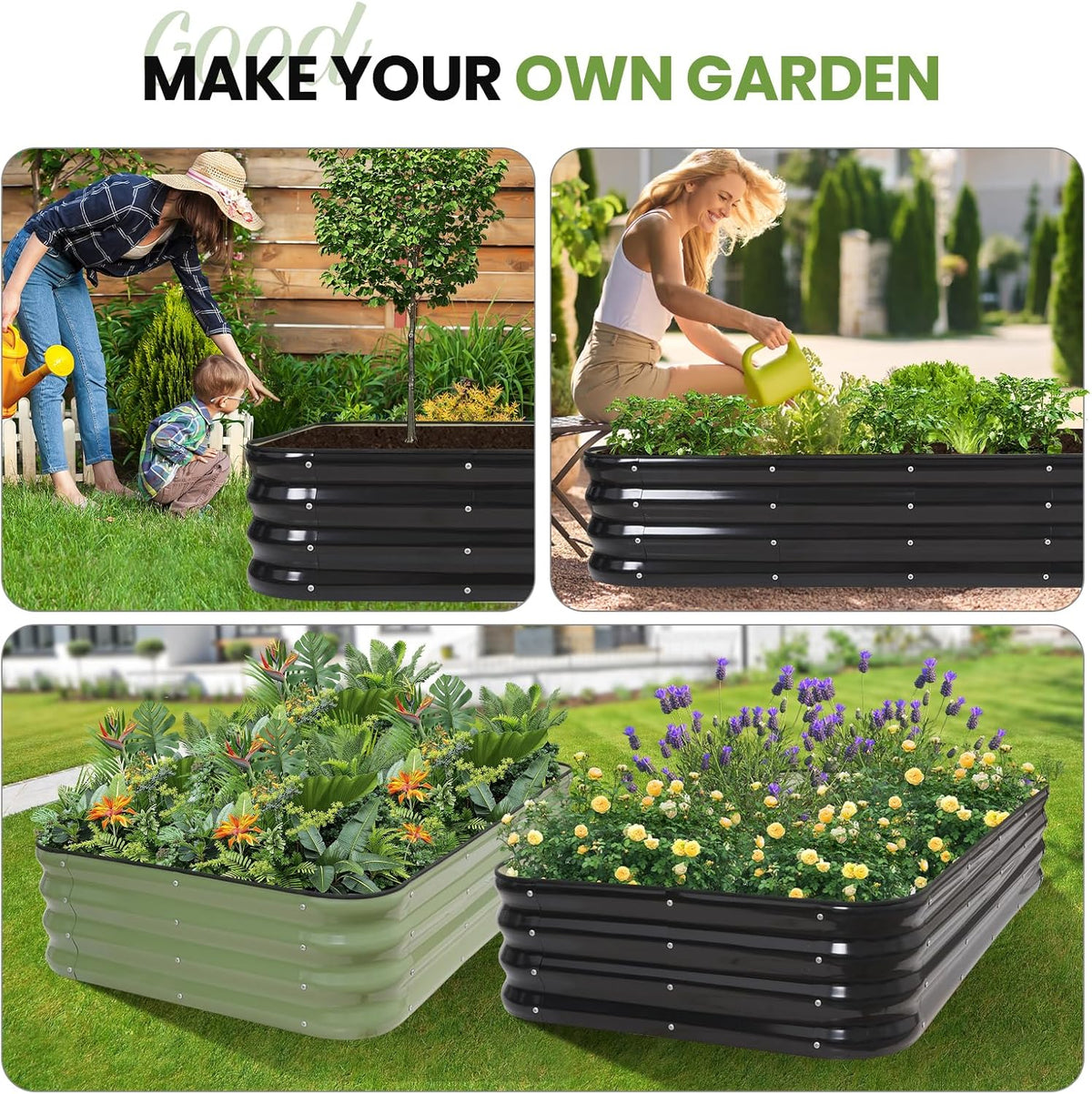 Verhoogde tuinbedset | 4-in-1 verstelbare gegalvaniseerde plantenbakken voor groenten, bloemen | 30,5 cm hoog, meerdere maten (5x3x0,3 ft, 4x4x0,1 ft, 6 x 2 x 1 ft, 6 x 2 x 1 ft, 7 x 1 x 1 ft) |