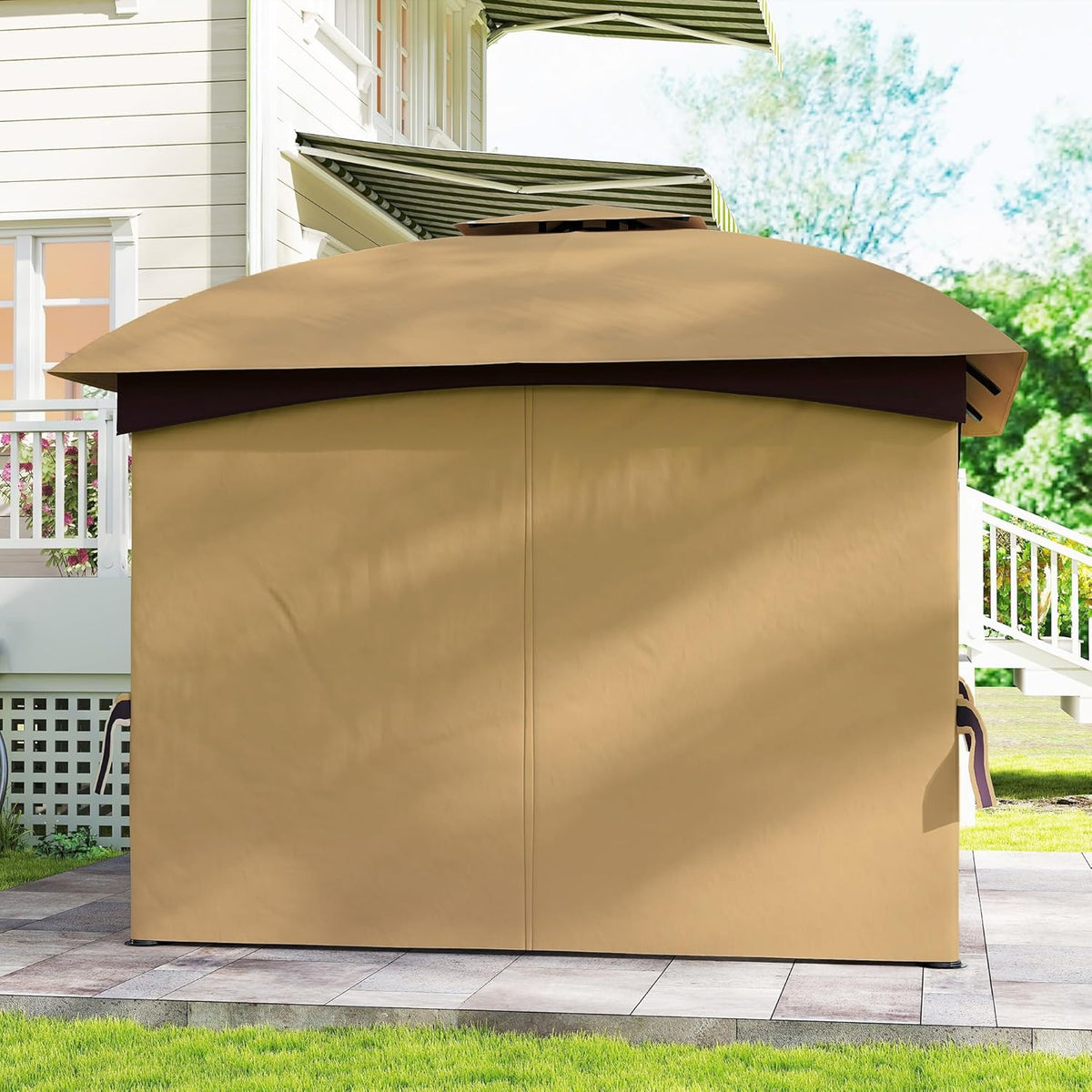 Outsunny Pavillon approx. 3.4x3.4m wasserabweisend Gartenpavillon mit 4 Seitenteilen, Doppeldach, Partyzelt mit UV-Schutz Gartenzelt mit verzinktem Metallrahmen, für Garten Beige - QUORE