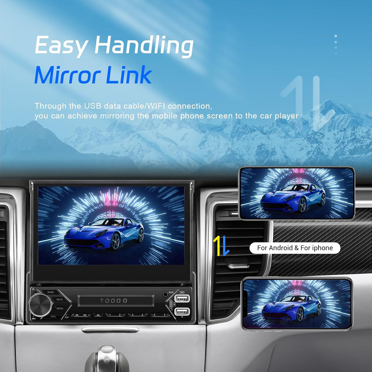[2GB+64GB] SIXWIN 1 Din Android 13 autoradio met navigatiesysteem, 7 inch uitschuifbaar display autoradio met WiFi verbonden/GPS/Bluetooth/FM-ontvanger/USB/EQ/Mirror Link