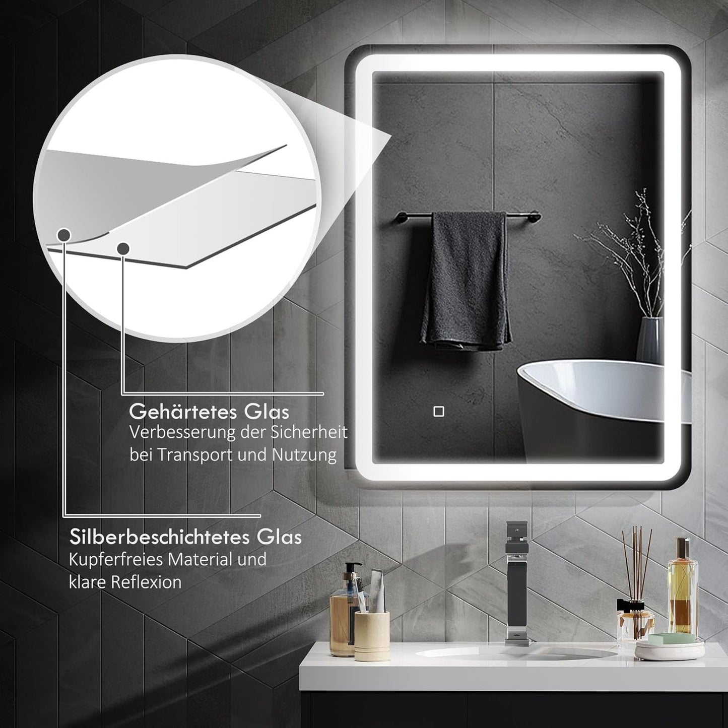 Badkamerspiegel – Wandspiegel – LED Spiegel – Verlichte Spiegel – Touch Spiegel – 70 x 90 cm – Anti-Condens – Geheugenfunctie