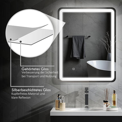 Badkamerspiegel – Wandspiegel – LED Spiegel – Verlichte Spiegel – Touch Spiegel – 70 x 90 cm – Anti-Condens – Geheugenfunctie