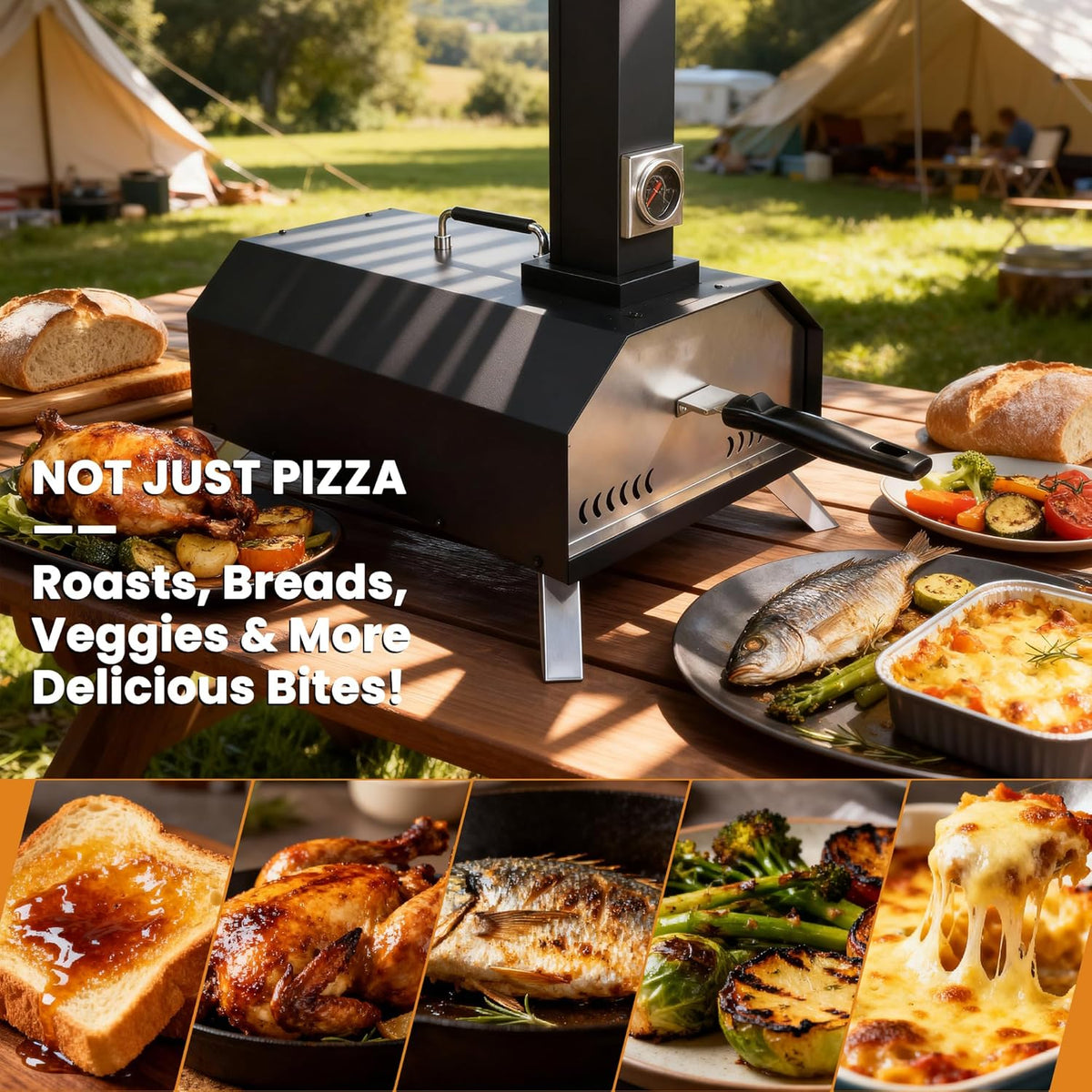 Draagbare opvouwbare 11 inch houtpellets pizzaoven, buitengebruik met ingebouwde thermometer en vierkante pizzasteen, geweldig voor kamperen, achtertuin, terras, tuin en feesten