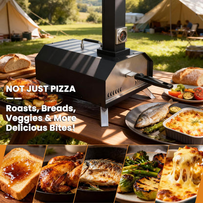 Draagbare opvouwbare 11 inch houtpellets pizzaoven, buitengebruik met ingebouwde thermometer en vierkante pizzasteen, geweldig voor kamperen, achtertuin, terras, tuin en feesten
