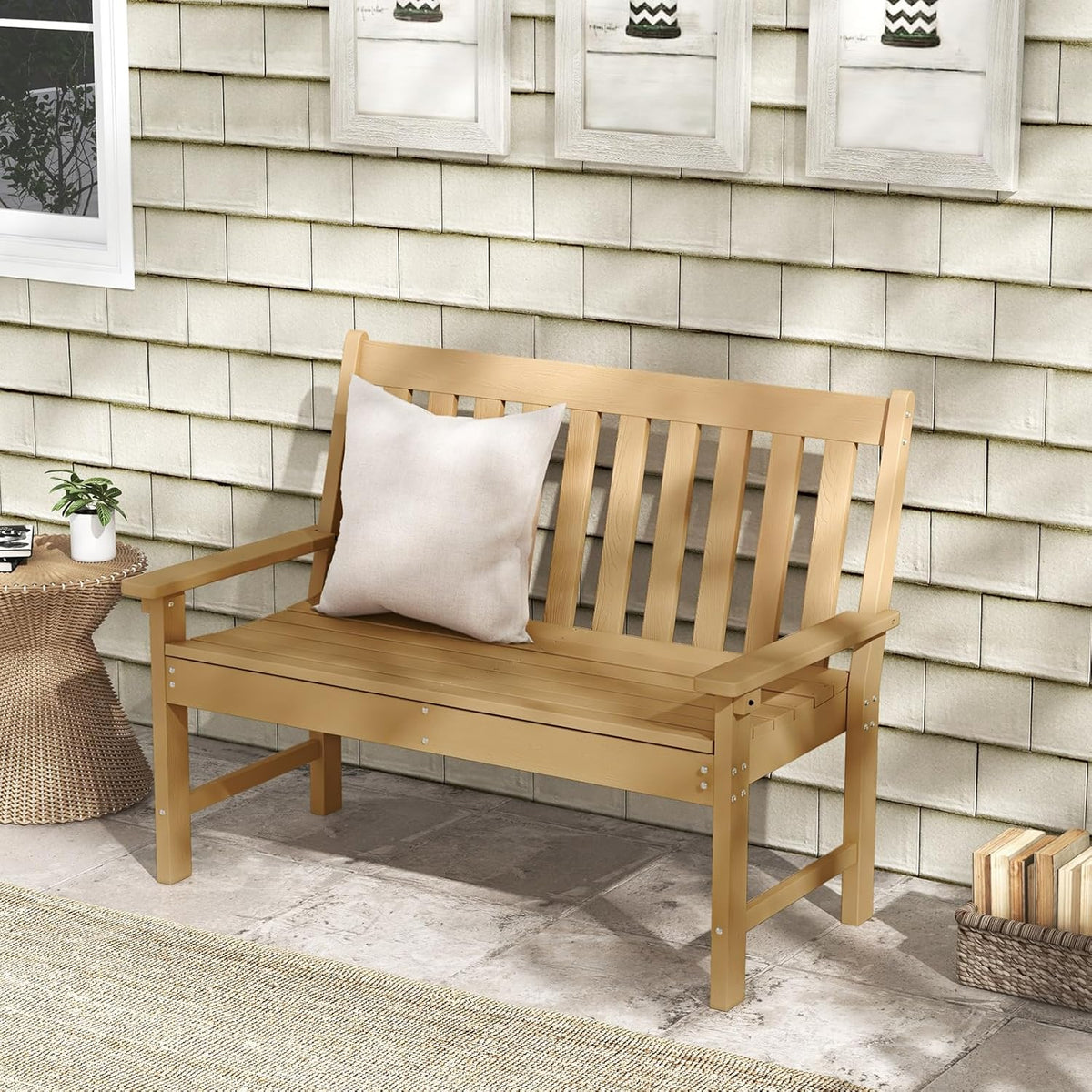 FANTASK Tuinbank, weerbestendig, tot 320 kg belastbaar, parkbank, voor alle weersomstandigheden, HDPE, teak