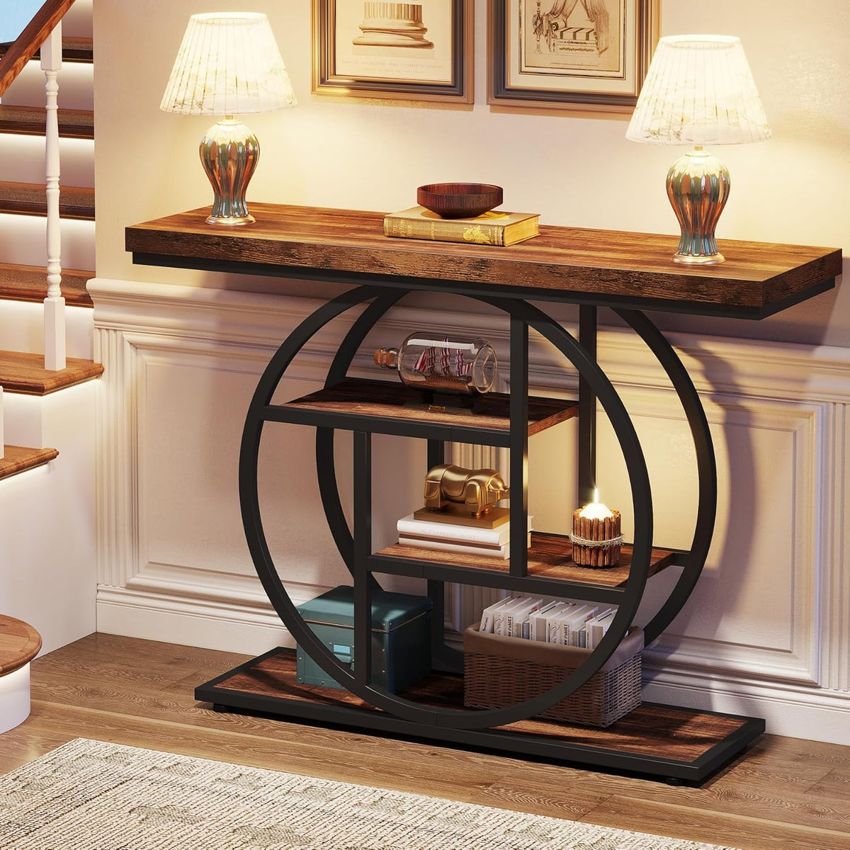 Tribesigns Console Table 105cm with 4 Levels, Narrow Industrial Sofa Table with Round Metal Frame, Wooden Entrance Table with Storage Racks for Living Room (Rustic Brown) - QUORE