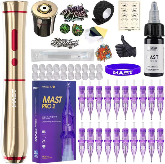 Mast Tattoo P40 Cordless Tattoo Gun Machine Kit - Rotary Tattoo Pen for Eyebrows/Lips/Eyeliner 20Pcs Cartridge Needles Lightweight Slim Body for Artists Gold Color