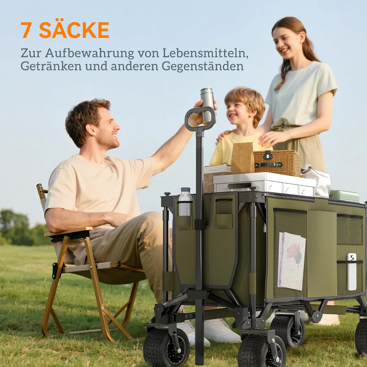 Outsunny Handcart Folding Handcart with Adjustable Handle, Pockets, Green - QUORE