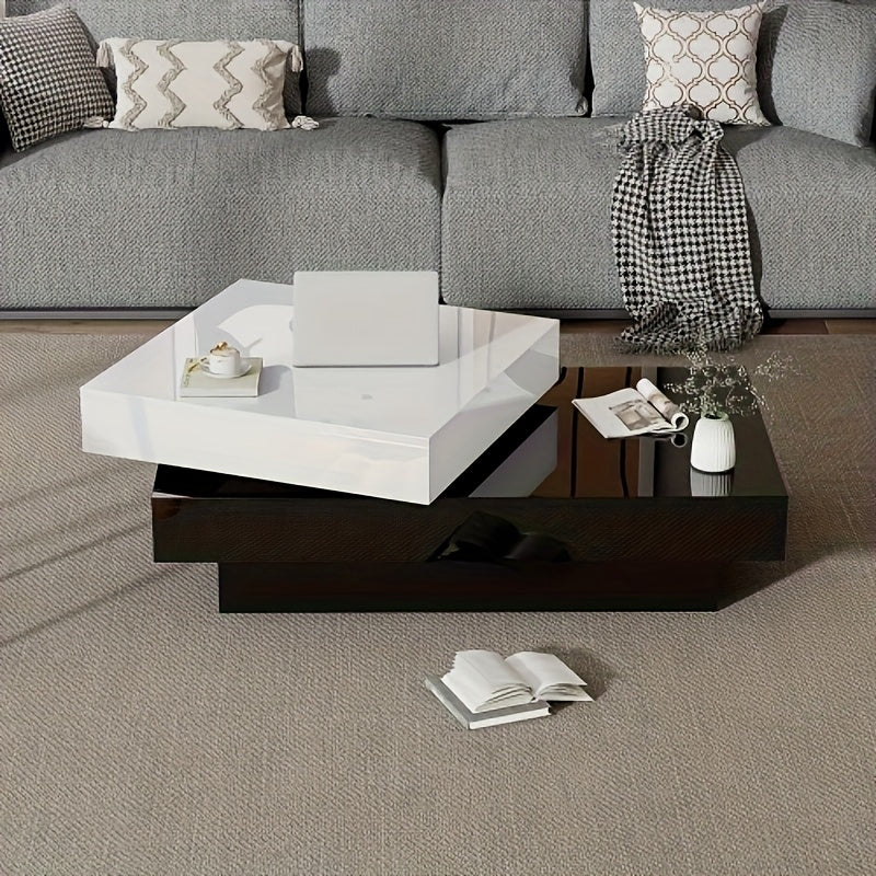 Uitbreidbare Salontafel – Draaibare Tafel – Woonkamertafel – Uitschuifbare Tafel – Moderne Lounge Tafel – Glanzend Wit Met Zwarte Witte Stiksels – Dubbele Laag Met Bamboe Materiaal