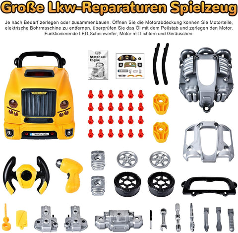 Autoschroeven - Speelgoedset - Educatief Speelgoed - voor kinderen, met Boormachine - Grote Tractor om te Schroeven - Licht - Geluid - Motorblok Reparatiefuncties - Geel