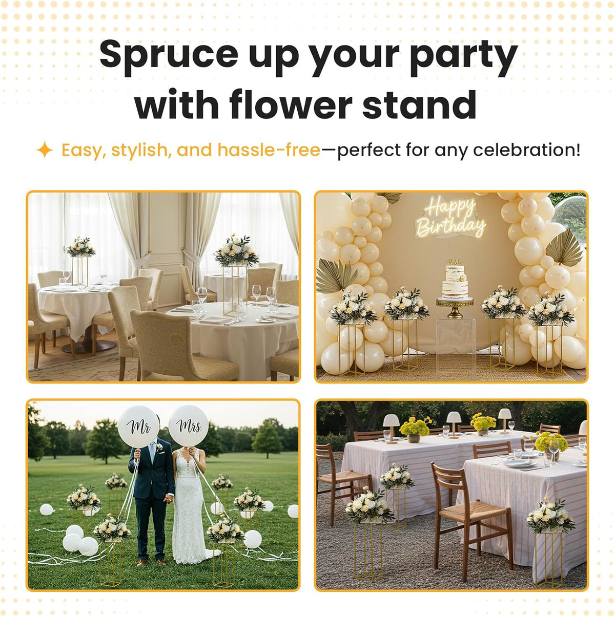 Gouden Bloemenstandaard – Bloemhouder, Vaasstandaard, Tafelstuk, Bruiloft Decoratie – Set Van 10, 60 Cm, Rechthoekig – Stabiele Metalen Constructie – Inclusief Heldere Acryl Borden