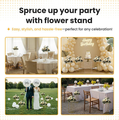Gouden Bloemenstandaard – Bloemhouder, Vaasstandaard, Tafelstuk, Bruiloft Decoratie – Set Van 10, 60 Cm, Rechthoekig – Stabiele Metalen Constructie – Inclusief Heldere Acryl Borden