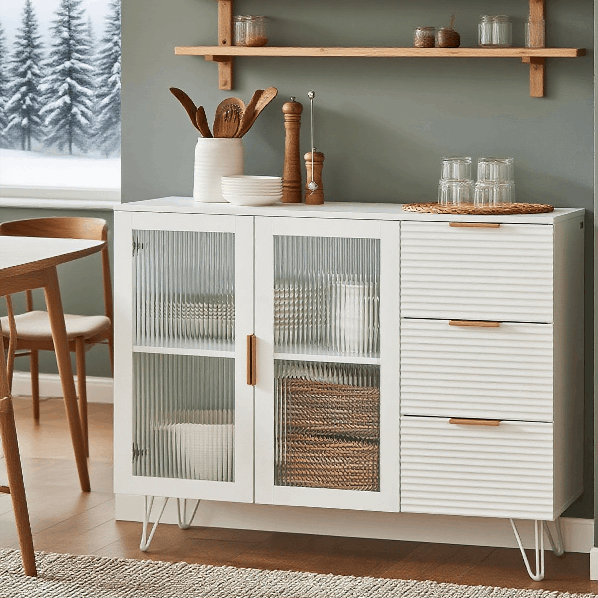 Keukenkastje – Keukenkast – Opbergkast – Buffetkast – Ladeskast – Wit Met Gouden Details – 3 Lades En 2 Glazen Deuren – MDF En Metaal