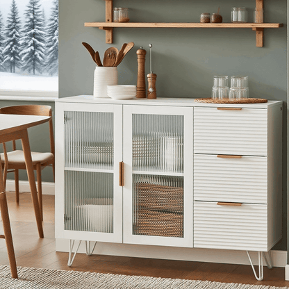 Keukenkastje – Keukenkast – Opbergkast – Buffetkast – Ladeskast – Wit Met Gouden Details – 3 Lades En 2 Glazen Deuren – MDF En Metaal