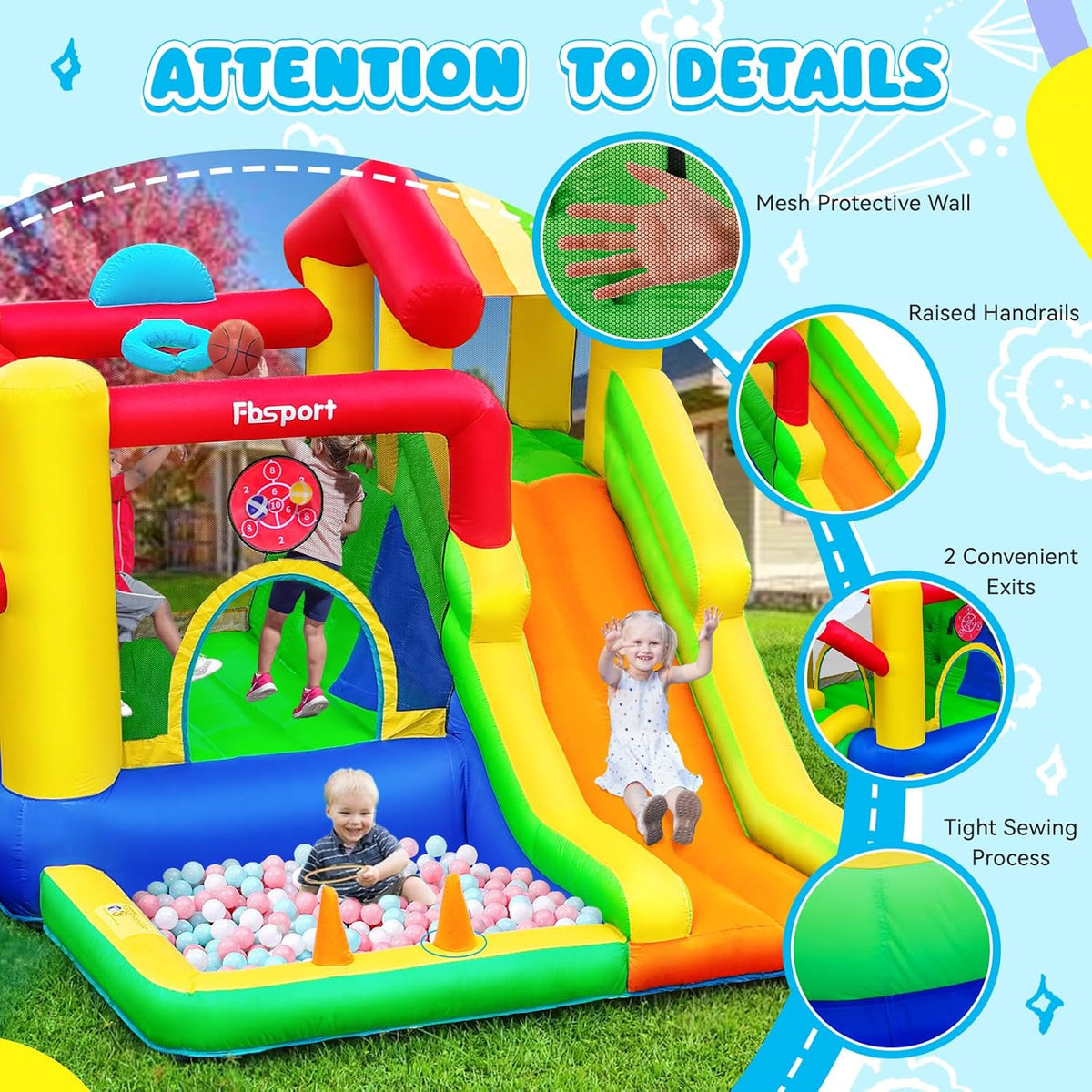 FBSPORT Opblaasbaar slot voor kinderen met dubbele glijbaan, trampoline, ballenbad, balwerper, klimwand en basketbalmand, voor binnen en buiten, 322 x 305 x 208 cm