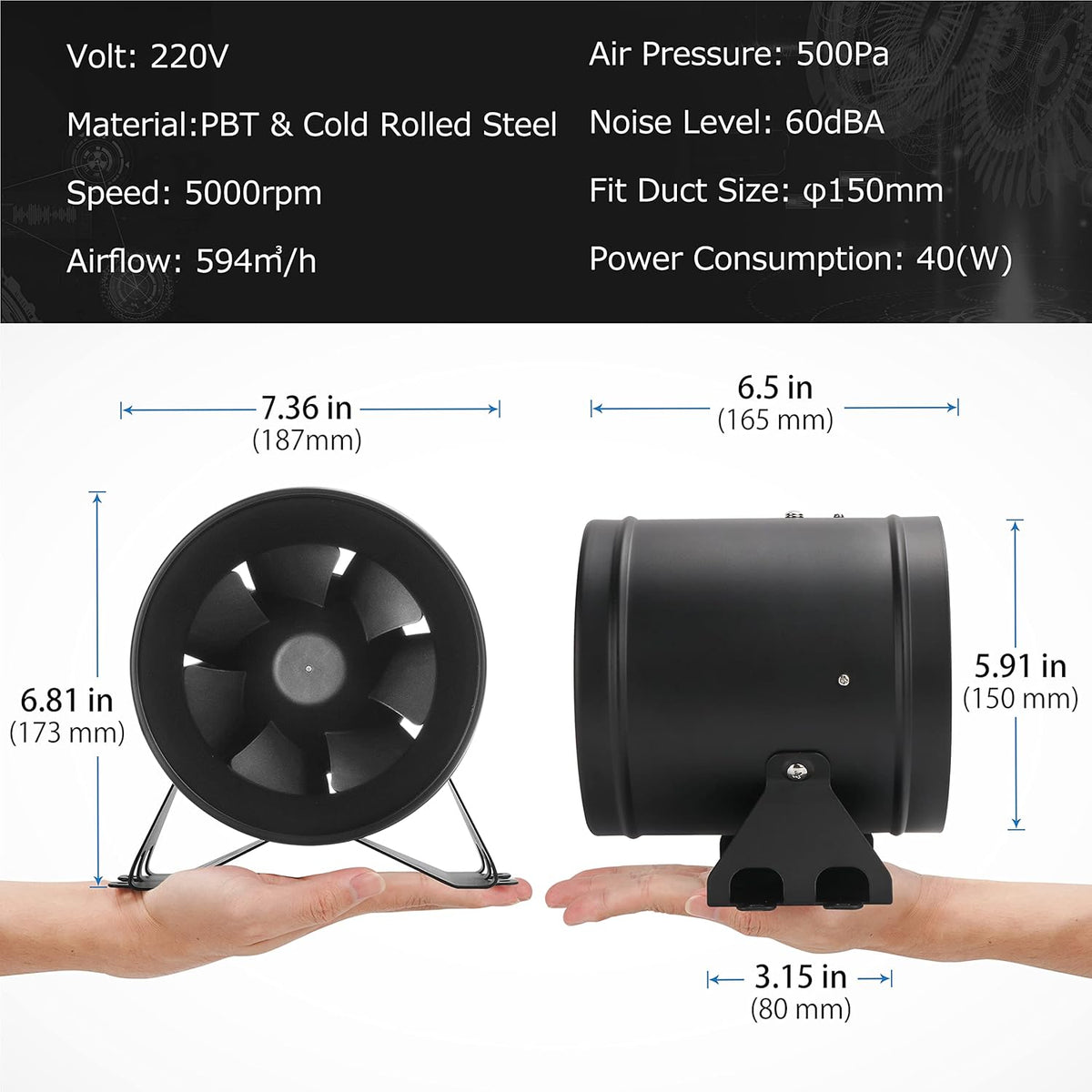 Buisventilator 150mm Krachtige Inline Ventilator, Max 594m³/h Afvoerventilator Krachtig Afzuigventilator voor Badkamer, Garage en Groen huis met Toerentalregelaar
