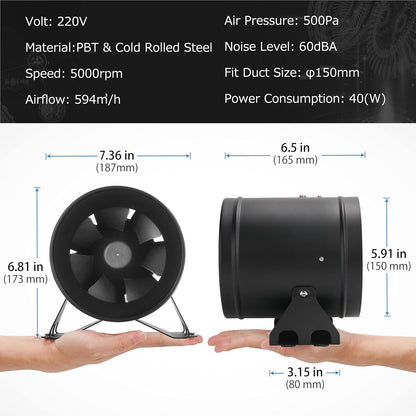 Buisventilator 150mm Krachtige Inline Ventilator, Max 594m³/h Afvoerventilator Krachtig Afzuigventilator voor Badkamer, Garage en Groen huis met Toerentalregelaar