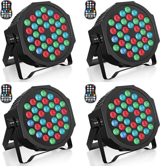 U`King Pack of 4 Rechargeable LED Spotlights, RGB 36 LEDs, Stage Lights with Remote Control and Timing for Wedding, DJ, Disco, Events, Indoor, Outdoor, Dance Party, Church, Live - QUORE
