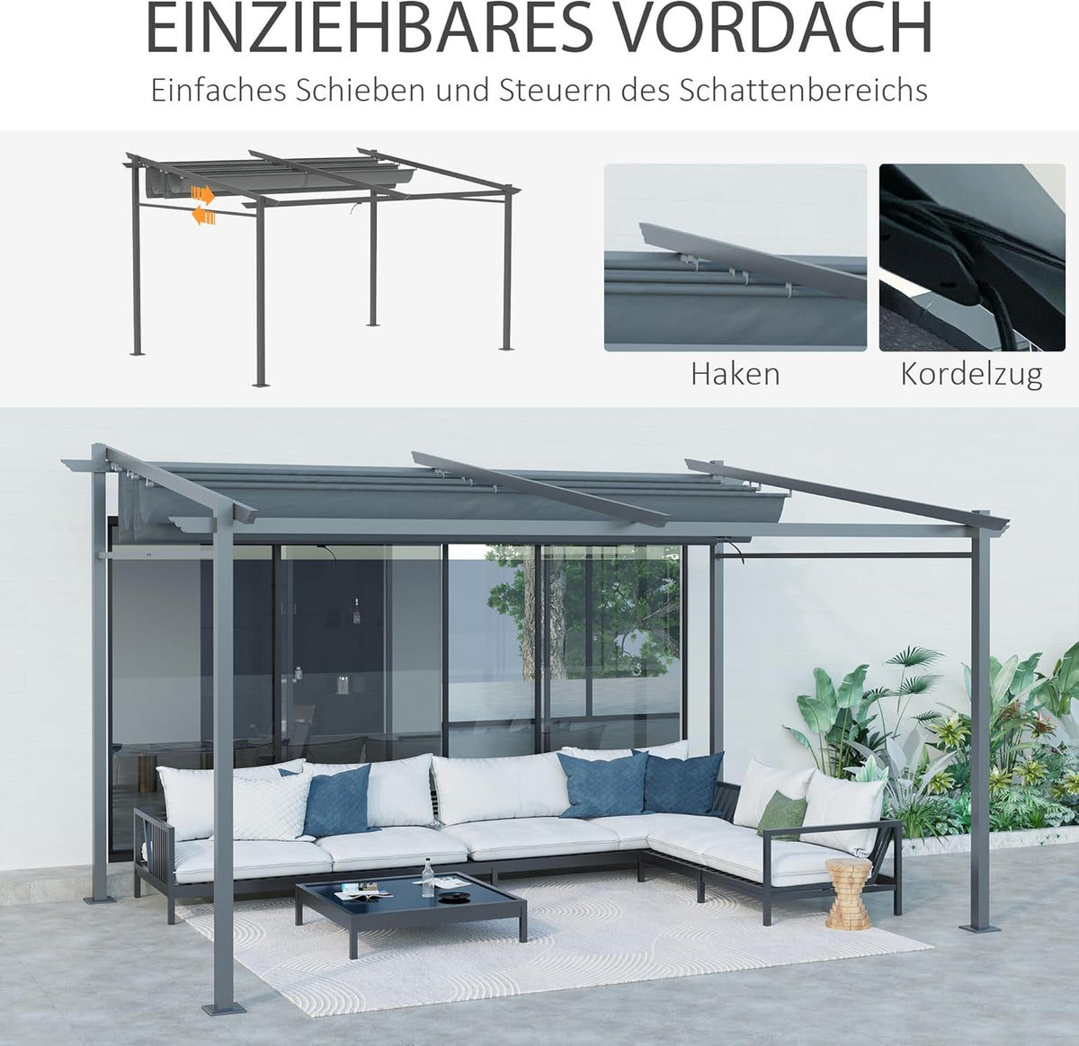 Outsunny Terrassendach Pergola approx. 4x3m Terrassendachung Garten Pavillon Aluminium, Wall-mounted, Gartenpavillon mit Verstellbares Dach, UV Schutz, Sonnenschutz für Terrasse und Garten, Dunkelgrau - QUORE