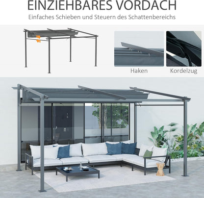 Outsunny Terrassendach Pergola approx. 4x3m Terrassendachung Garten Pavillon Aluminium, Wall-mounted, Gartenpavillon mit Verstellbares Dach, UV Schutz, Sonnenschutz für Terrasse und Garten, Dunkelgrau - QUORE