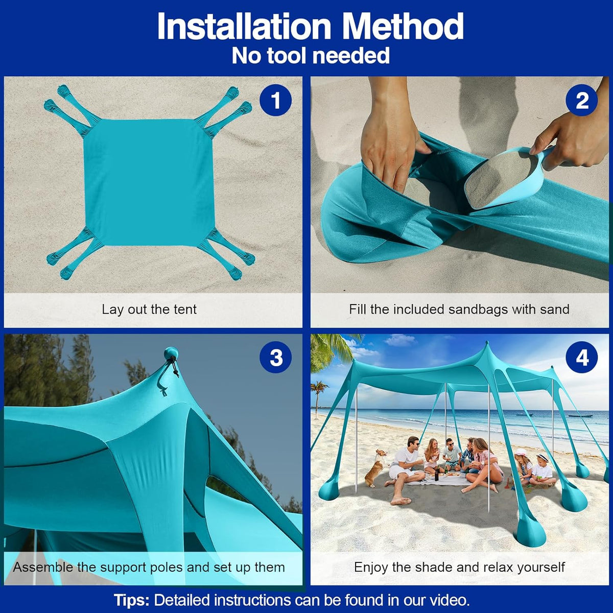 Rhino Valley Beach Tent, 10 x 10 FT Beach Shade UPF50+ Protection, Beach Canopy with 8 Sandbags 4 Stability Poles,Outdoor Beach Tent Sun Shelter Umbrella for Sand,Camping,Fishing Essentials,Mint Green