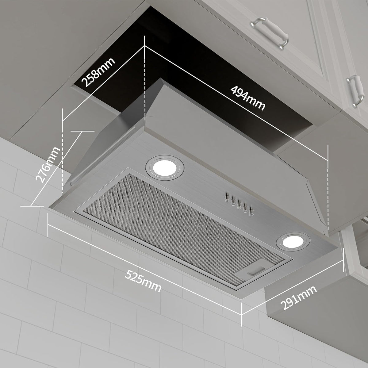 FIREGAS Afzuigkap 52 cm Inbouw Onderbouw, 650 m³/h, 3 Snelheden, LED Verlichting, Krachtige Motor, Aluminium & Koolstoffilter, RVS – Voor Afvoer of Recirculatie