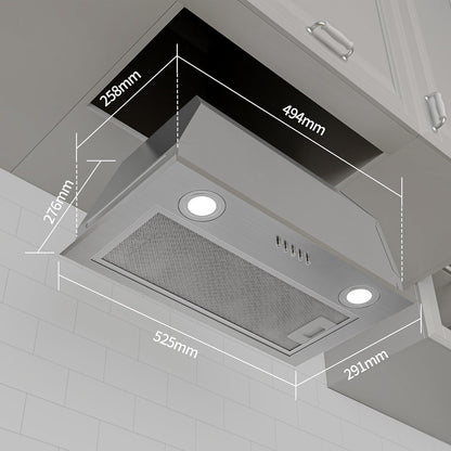 FIREGAS Afzuigkap 52 cm Inbouw Onderbouw, 650 m³/h, 3 Snelheden, LED Verlichting, Krachtige Motor, Aluminium & Koolstoffilter, RVS – Voor Afvoer of Recirculatie