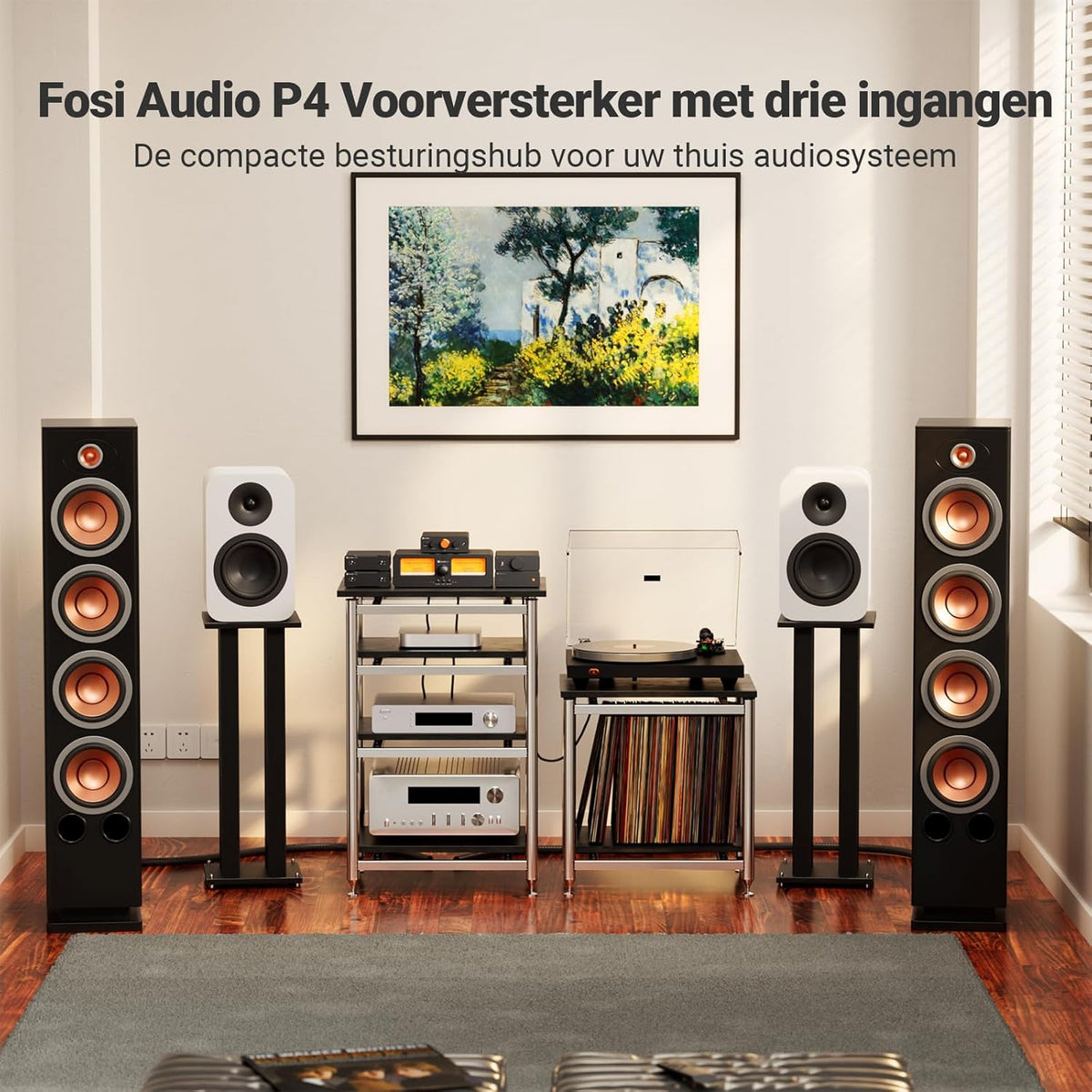 Fosi Audio P4 Mini Voorversterker met 3 RCA-ingangen, Preamp voor Versterkers/Actieve Subwoofers/Luidsprekers, 3-traps instelbare versterking (3/6/9 dB) en bass/treble-regeling, V3-afgeleid ontwerp