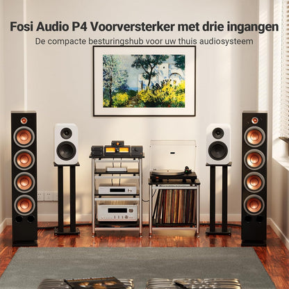 Fosi Audio P4 Mini Voorversterker met 3 RCA-ingangen, Preamp voor Versterkers/Actieve Subwoofers/Luidsprekers, 3-traps instelbare versterking (3/6/9 dB) en bass/treble-regeling, V3-afgeleid ontwerp