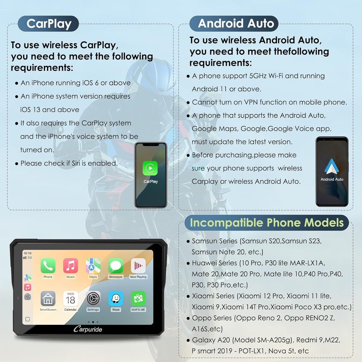 Draadloze CarPlay BMW Motorfiets Display – Moto Carplay Systeem – Navigatie Scherm – Touchscreen Module – Android Auto Interface – 7 Inch Waterdicht Touchscreen – Dual Bluetooth Met Intercomfunctie
