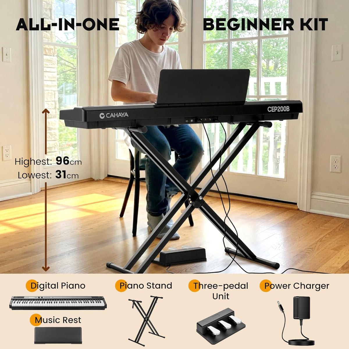 Digitale piano – Elektrische piano – Elektropiano – Keyboard – 88 toetsen – Halfgewogen toetsen – Inclusief Dubbele X-ondersteuning, 3 Pedalen en Muziekstandaard