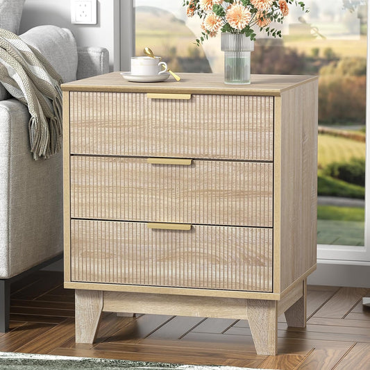 Nachtkastje – Bedside Table – Bijzettafel – Slaapkamerkastje – Houten Kastje – 3 Lades – MDF Hout Met Gouden Metalen Poten