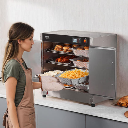 VEVOR Voedselwarmer, 4-traps snackverwarmer met waterbak, 4 pannen en dubbele deur en verstelbare planken, voedselverwarmingskast van roestvrij staal, ideaal voor het opbergen van pizza en kip
