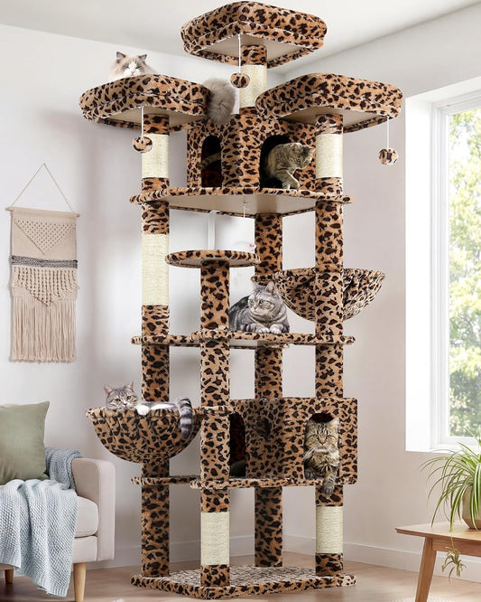 Globlazer Cat Tree Leopard XXL 209cm with 3 Seat Rod Cushioned, 2 Cat House, Large Platform, 2 Basket, Plush Toys, Luxury Cat Tree Large Stable for 3-5 Cats Indoor (F82, Leopard) - QUORE