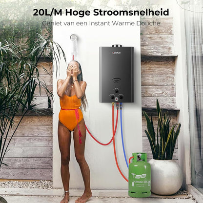 CAMPLUX Gas Boiler 20 L/min Tankless, voor Buitendouche, Camping, Butaan (28-30 mbar)/ Propaan (37 mbar), 40 kW
