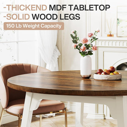 Tribesigns 120 cm ronde eettafel voor 4-6 personen, keukentafel met massief houten poten voor woonkamer, keuken, eetkamer, wit en rustiek bruin