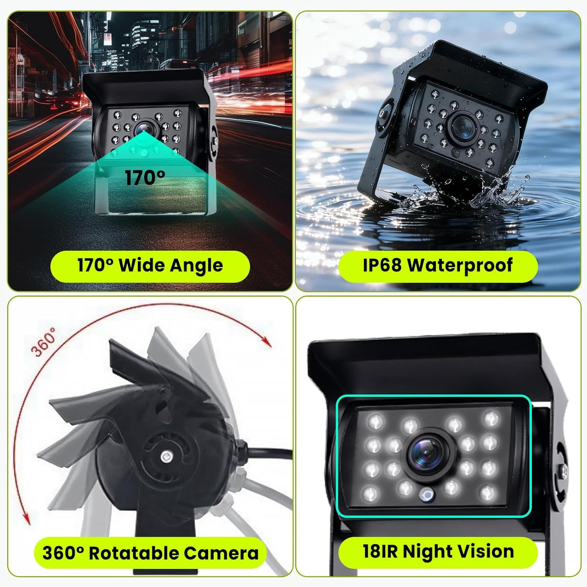 Podofo Vans RV achteruitrijcamera set, 9" monitor met 4 camera's, 4-kanaals videosysteem, IP68 nachtzicht, geschikt voor vrachtwagens/campers/auto's.
