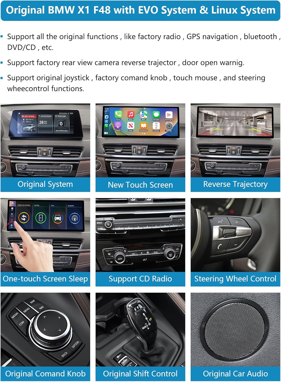 Autoradio – 12,3 Inch Touchscreen – Multimedia Systeem – Navigatie Radio – Draadloze Carplay Android Auto – Compatibel Met BMW X1 F48 2016-2022 – Mirrorlink Ondersteuning – Achteruitrijcamera Integratie