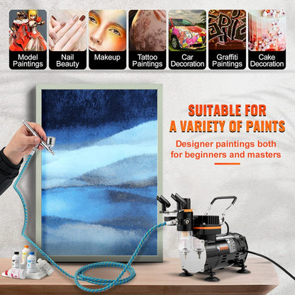VEVOR Professionele airbrush-compressor, complete airbrush-set, dubbel, airbrush-pistool, 0,2/0,3/0,8 mm, hoge doorstroming, koffer, decoratie, gebak, tattoo, nagels, make-up, schilderen